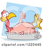 Clipart Of A Featherless Thanksgiving Turkey Bird Holding A Thumb Up In A Pan Over Blue Royalty Free Vector Illustration