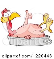 Clipart Of A Featherless Thanksgiving Turkey Bird Holding A Thumb Up In A Pan Royalty Free Vector Illustration