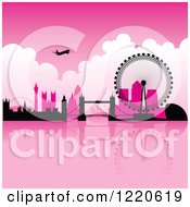 Clipart Of A Silhouetted Airplane Over London With Pink Skies Royalty Free Vector Illustration by cidepix