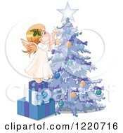 Cute Little Angel Stepping On Gifts And Decorating A Christmas Tree