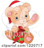 Poster, Art Print Of Cute Christmas Teddy Bear Waving And Opening A Present