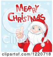 Poster, Art Print Of Merry Christmas Greeting Over Santa Holding A Thumb Up On Blue With Snowflakes