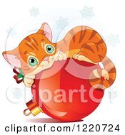 Poster, Art Print Of Cute Ginger Cat Resting On A Christmas Bauble Under Snowflakes