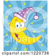 Poster, Art Print Of Happy Crescent Moon Mascot Wearing A Night Cap Over Rays And Stars
