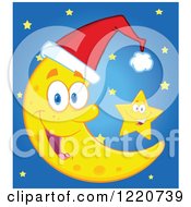 Poster, Art Print Of Star By A Crescent Moon Mascot Wearing A Christmas Santa Hat Over Blue