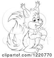 Clipart Of An Outlined Cute Squirrel Holding An Acorn Royalty Free Vector Illustration