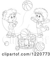 Poster, Art Print Of Outlined Boy And Girl Playing With Balls