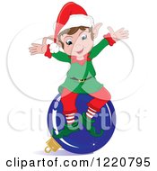 Poster, Art Print Of Happy Christmas Elf Sitting On A Blue Bauble
