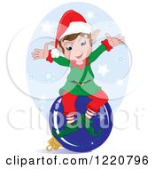 Poster, Art Print Of Happy Christmas Elf Sitting On A Bauble Over Snowflakes