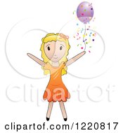 Clipart Of A Blond Girl With A Purple Party Balloon And Confetti Royalty Free Vector Illustration by Pams Clipart