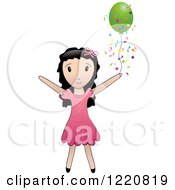 Poster, Art Print Of Black Haired Girl With A Green Party Balloon And Confetti