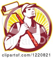 Clipart Of A Retro Painter Worker With A Roller Brush In A Circle Of Sunshine Royalty Free Vector Illustration