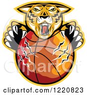 Poster, Art Print Of Furious Tiger Clawing A Basketball With A Yellow Outline