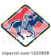 Poster, Art Print Of Retro Jockey Racing A Horse On A Diamond Of Red Sunshine
