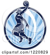 Poster, Art Print Of Retro Basketball Player Jumping For A Slam Dunk Over A Circle Of Blue Sunshine