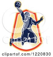 Poster, Art Print Of Retro Basketball Player Jumping For A Slam Dunk Over A Sunny Crest