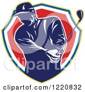 Clipart Of A Retro Male Golfer Teeing Off In A Shield Royalty Free Vector Illustration
