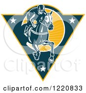 Poster, Art Print Of Retro Jockey Racing A Horse On A Triangle With Stars And Sunshine