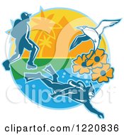 Poster, Art Print Of Hiker Scuba Diver And Red Billed Tropicbird With Black Eyed Susan Flowers On An Island