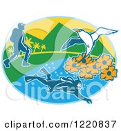 Poster, Art Print Of Hiker Scuba Diver And Red Billed Tropicbird With Black Eyed Susan Flowers On An Island In An Oval