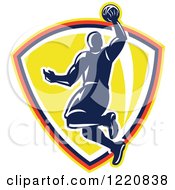 Poster, Art Print Of Retro Basketball Player Jumping For A Slam Dunk Over A Yellow Shield