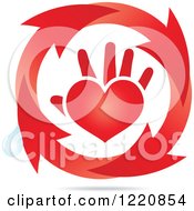 Poster, Art Print Of Red Hand And Heart In A Circle Of Arrows With A Water Droplet