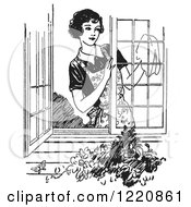 Black And White Retro Woman Washing Windows