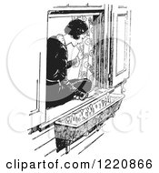 Poster, Art Print Of Black And White Retro Woman Sitting In A Window Sill And Looking At Flowers