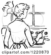 Clipart Of A Black And White Retro Mother Cooking On A Stove Royalty Free Vector Illustration