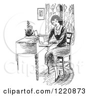 Black And White Retro Woman Reading A Book At A Desk