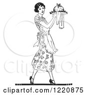 Black And White Retro Woman Carrying Plum Pudding On A Plate