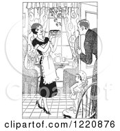Clipart Of A Black And White Retro Cherub Chef Watching A Housewife Serve Her Husband Pie Royalty Free Vector Illustration