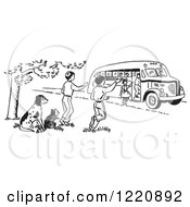 Poster, Art Print Of Raccoon And Dog Watching Children Board A School Bus In Black And White