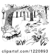 Poster, Art Print Of Dog Chasing Weasels And Chipmunks And Children Watching Black And White