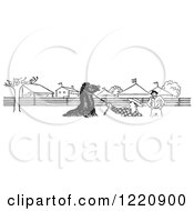 Clipart Of A Black And White Horse And Cowboys At The Fairgrounds Royalty Free Vector Illustration