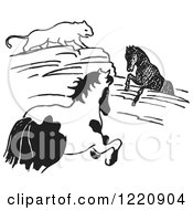 Clipart Of A Black And White Cougar Watching A Horse Stuck In Rocks Royalty Free Vector Illustration