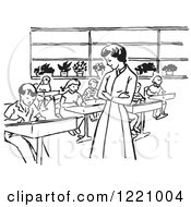 Poster, Art Print Of Black And White Retro Teacher Watching Children Write In Class