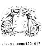 Clipart Of A Black And White Magical Cat Couple Royalty Free Vector Illustration