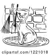 Clipart Of A Black And White Happy Cat By Fireplace Tools Royalty Free Vector Illustration