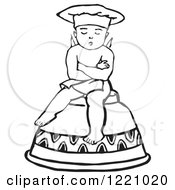 Poster, Art Print Of Black And White Retro Cherub Chef Sitting On An Upside Down Cup