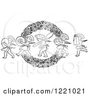 Poster, Art Print Of Black And White Chef Cherubs Marching With Kitchen Items Over A Floral Wreath