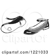 Clipart Of A Black And White Pair Of Worn Girl Shoes Royalty Free Vector Illustration