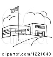 Clipart Of A Black And White Flag And School Building Royalty Free Vector Illustration