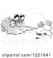 Clipart Of Black And White Children Watching A Chipmunk Royalty Free Vector Illustration by Picsburg