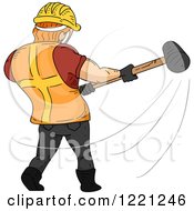 Rear View Of A Strong Construction Worker Swinging A Sledgehammer