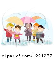 Poster, Art Print Of Diverse Children Playing With Umbrellas In The Rain