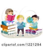 Clipart Of Happy Children With Big Books And A Globe Royalty Free Vector Illustration