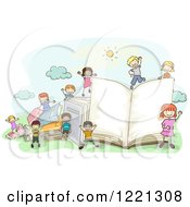 Clipart Of Doodle Children With Giant Books Royalty Free Vector Illustration