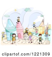 Clipart Of Doodle School Children Playing With Giant Pencils And Crayons Royalty Free Vector Illustration