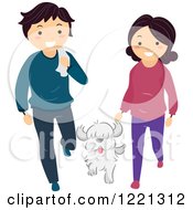Poster, Art Print Of Happy Couple Walking With Their Dog